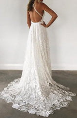 Wedding Dresses Designers, Charming Ivory Lace A Line Spaghetti Straps Backless Side Slit Beach Wedding Dresses