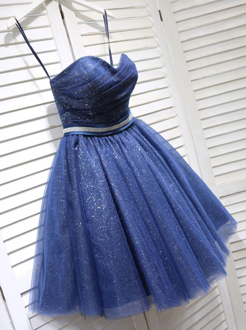 Evening Dress Elegant, Glitter Sweetheart Blue Short Prom Homecoming Dresses With Beading