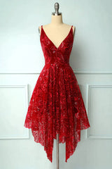 Prom Dress Website, Burgundy Lace V-Neck Short Prom Dress, A-Line Irregular Hem Party Dress