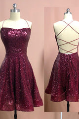 Party Dress Sales, Burgundy Spaghetti Straps Sleeveless A Line Sequins Homecoming Dresses