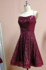 Party Dresses Sales, Burgundy Spaghetti Straps Sleeveless A Line Sequins Homecoming Dresses