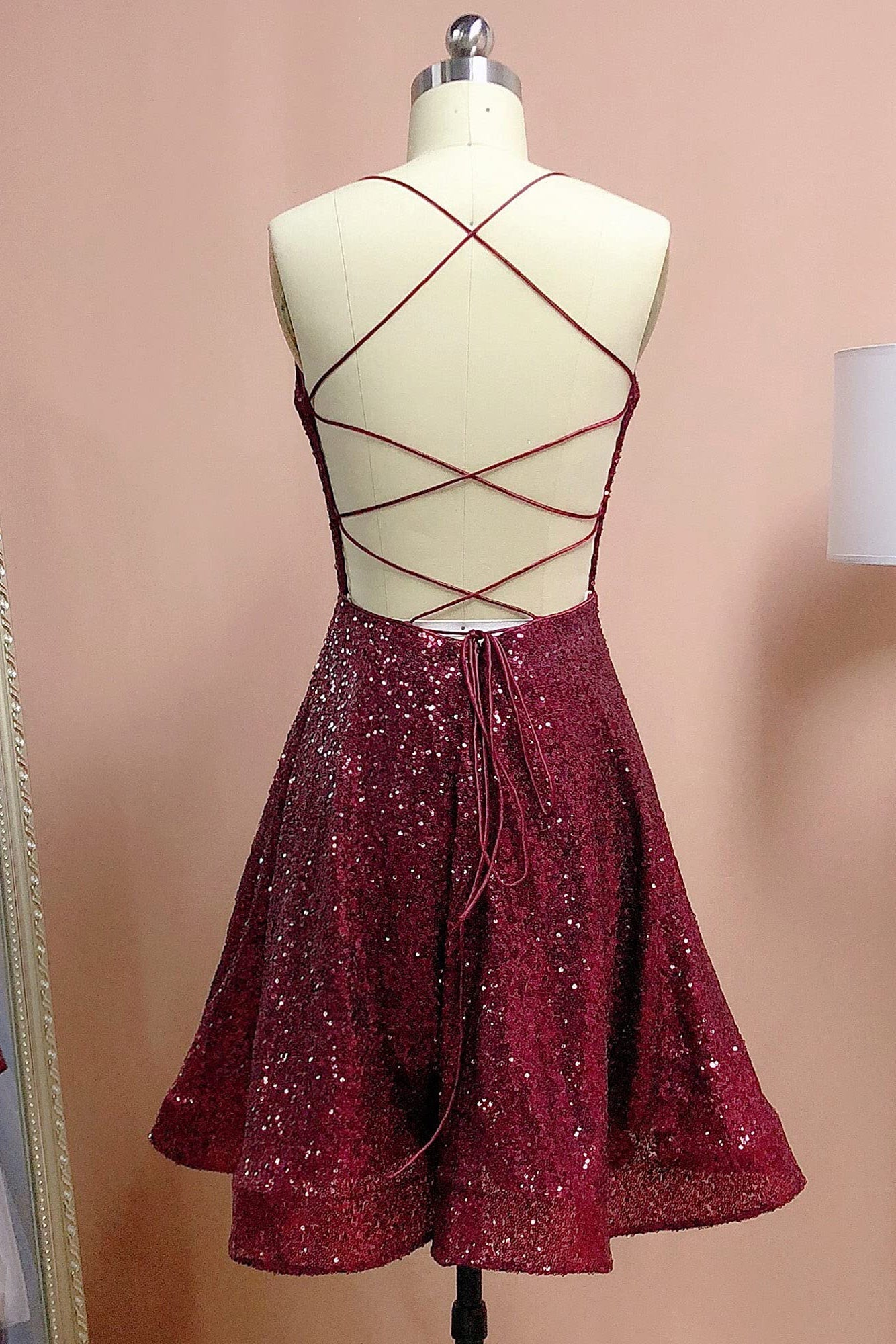 Party Dress Sale, Burgundy Spaghetti Straps Sleeveless A Line Sequins Homecoming Dresses