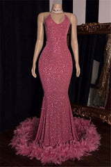 Wedding, 2024 Charming Mermaid Prom Dresses, Hot Pink Sequence With Feathers Halter Backless