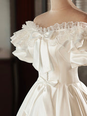 Wedding Dress And Veil, White Satin Lace Short Prom Dress, White Evening Dress, Wedding Dress