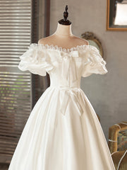 Wedding Dress Flower, White Satin Lace Short Prom Dress, White Evening Dress, Wedding Dress