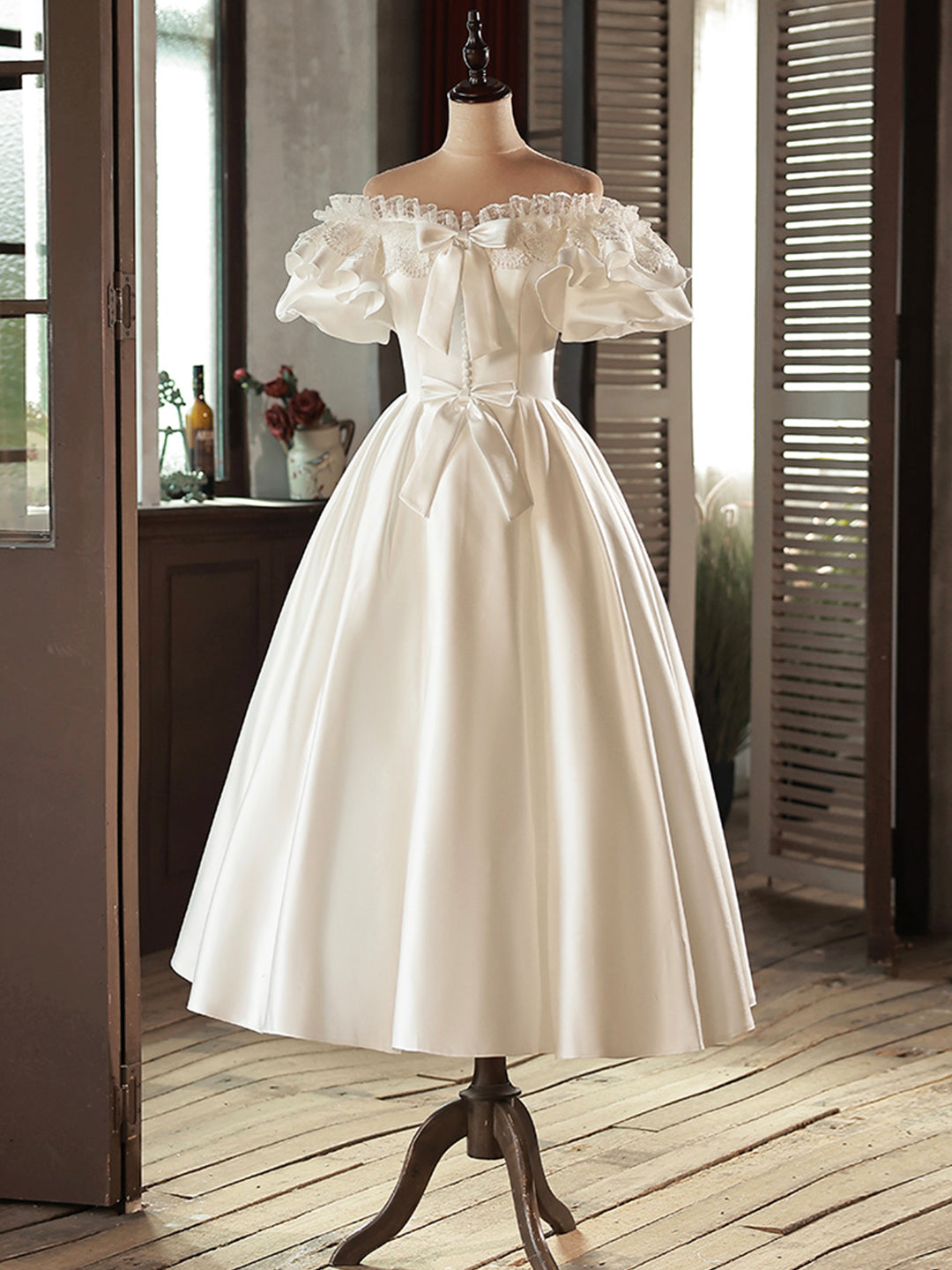 Wedding Dress Flowers, White Satin Lace Short Prom Dress, White Evening Dress, Wedding Dress