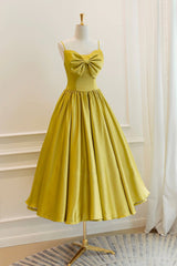 Prom Dresses For Adults, Yellow Satin Short Prom Dresses, Cute A-Line Bow Homecoming Dresses
