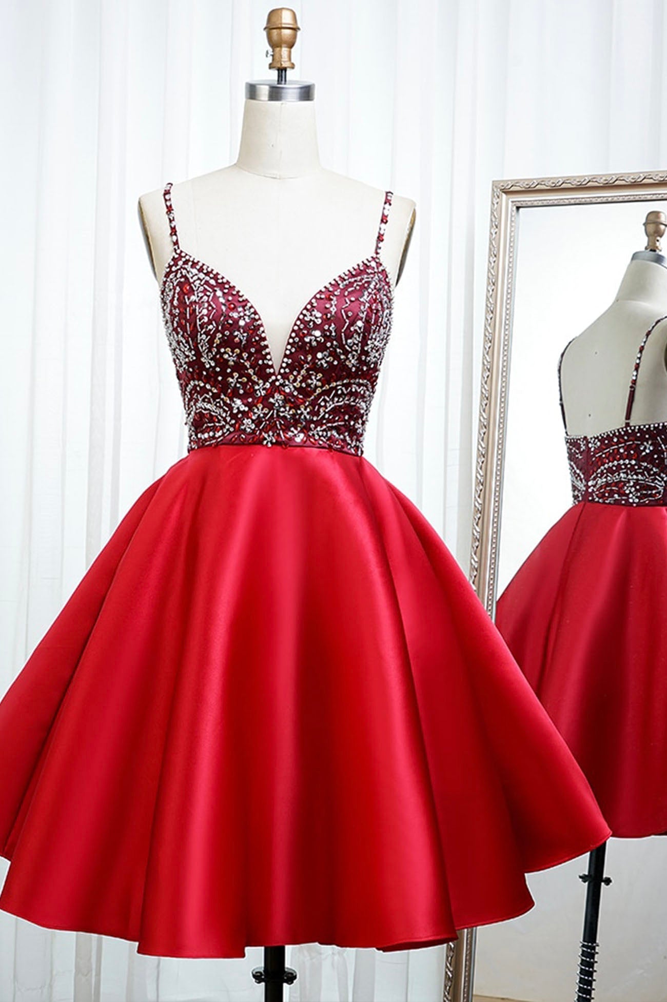Bridesmaid Dress 2034, Red Satin Beading Short Prom Dresses, A-Line Homecoming Dresses