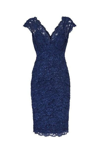 Prom Dresses For Teens Long, Sexy V Neck Navy Blue Lace Short Mother of the Bride Dress