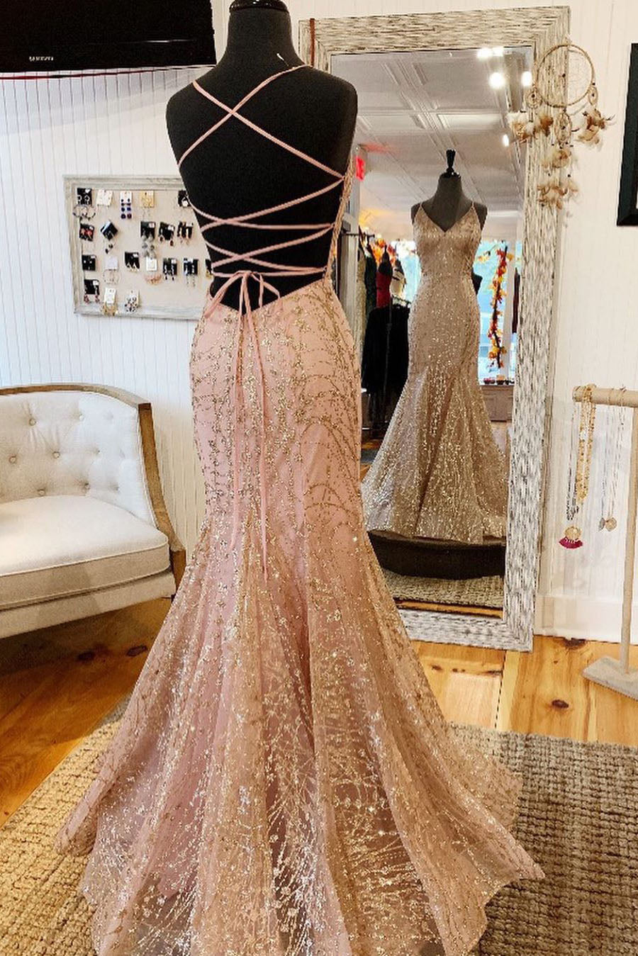 Bridesmaid Dresses Sales, Mermaid V-Neck Rose Gold Long Prom Dress with Criss Cross Back