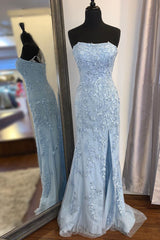 Bridesmaid Dress Style Long, Elegant Strapless Mermaid Sky Blue Long Lace Prom Dress with Slit