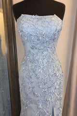 Bridesmaids Dress Beach, Elegant Strapless Mermaid Sky Blue Long Lace Prom Dress with Slit