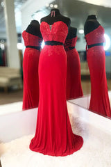 Bridesmaids Dress Fall, Elegant Two Piece Sweetheart Beaded Red Prom Dress with Lace-up Back