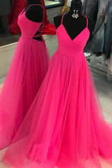 Bridesmaid Dresses Shop, V Neck A-line Hot Pink Long Prom Dress with Lace-up Back