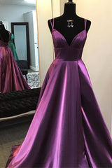 Bridesmaids Dress Pink, Gorgeous V Neck Lace-up Back Plum Long Prom Dress