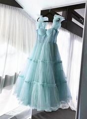 Prom Dresses Shiny, Light Blue Tulle Straps Long Party Dress Evening Dress, Light Blue A-Line Prom Dress