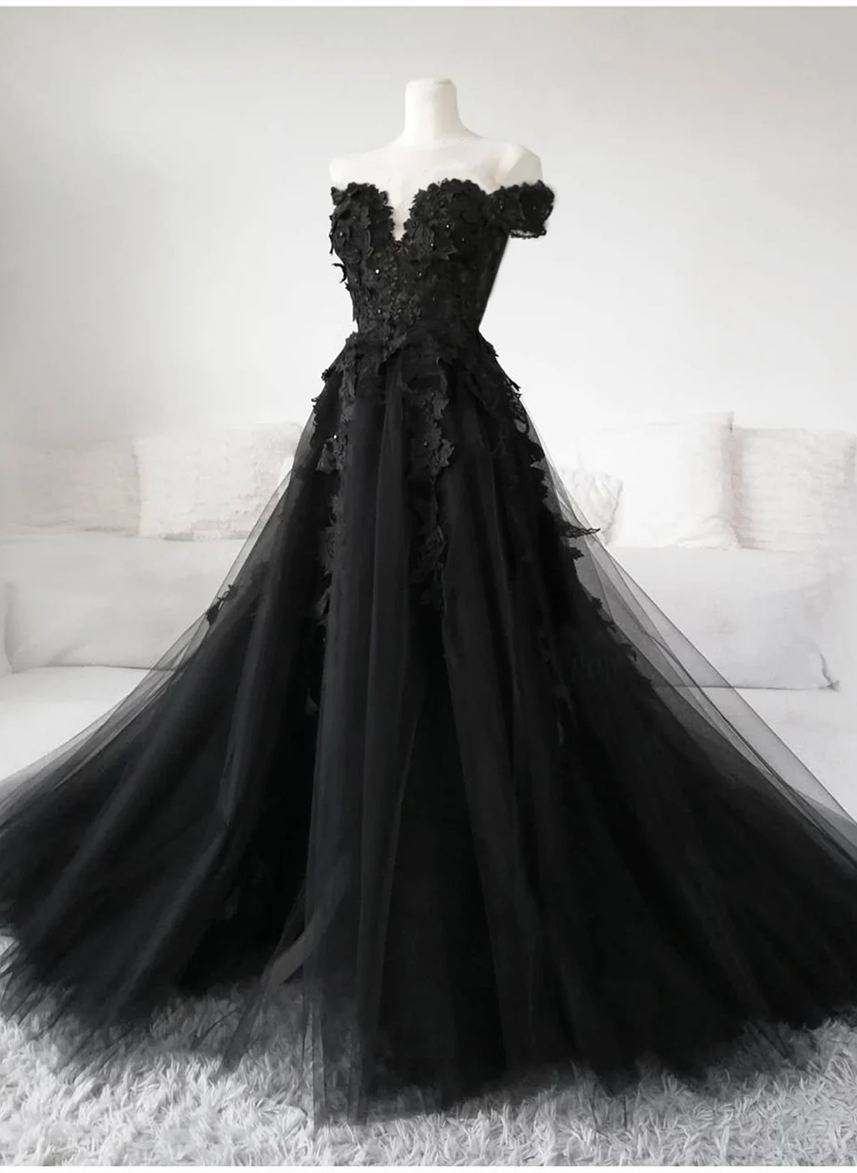 Prom Dress Long Blue, Black Off Shoulder Tulle Long Evening Dress Prom Dress, Black Lace Formal Dress