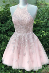 Bridesmaid Dresses Pinks, Halter Lace-Up back Short Pink Lace Homecoming Dress