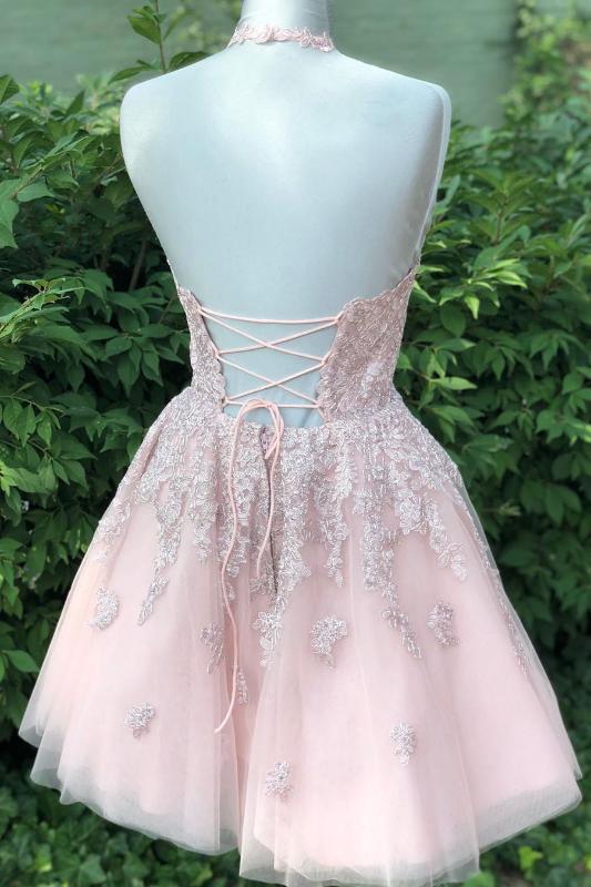 Bridesmaid Dress Pink, Halter Lace-Up back Short Pink Lace Homecoming Dress