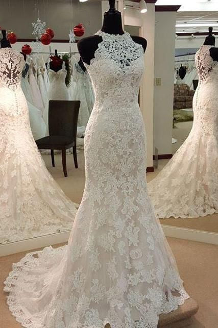Wedding Dresses Uk, High Neck Mermaid Ivory Lace Wedding Dress