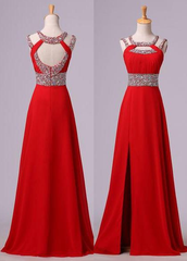 Bridesmaid Dressese Lavender, 2024 Gorgeous Red Beading Open Back Chiffon Prom Dresses