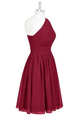 Evening Dresses Stores, Wine Red Chiffon One-Shoulder Gathered Short Bridesmaid Dress