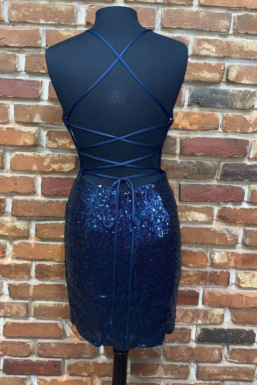 Bridesmaid Dress For Girls, Cute Navy Blue Sequins Tight Mini Homecoming Dress
