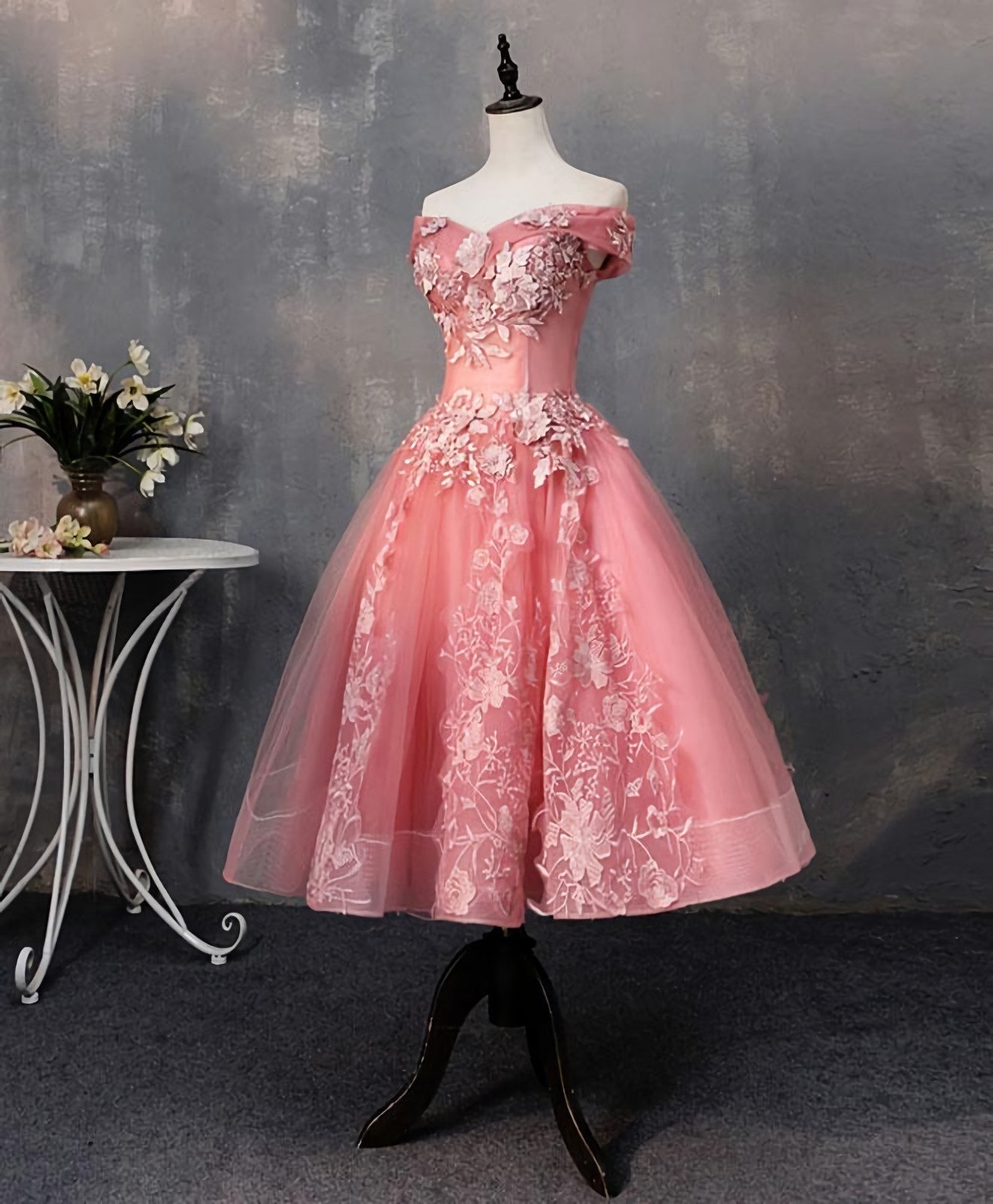 Short Dress, Pink Tulle Lace Off Shoulder Short Prom Dress, Pink Homecoming Dress