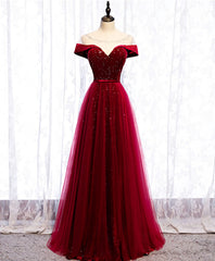 Prom Dress Sweetheart, Burgundy Round Neck Tulle Sequin Long Prom Dress, Tulle Formal Dress