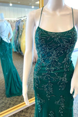 Prom Dress Shop, Hunter Green Floral Bead Lace-Up Back Mermaid Long Formal Dress