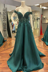 Prom Dresses 2032, Hunter Green Lace Off-the-Shoulder A-Line Long Prom Dress