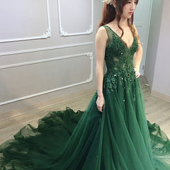 Prom Dress Under 100, Dark Green Low Back Beaded Lace V-neckline Party Dress, A-line Prom Dress