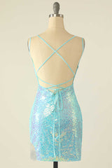Evening Dresses Mermaid, Light Blue Sequin Lace-Up Mini Homecoming Dress