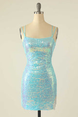 Evening Dresses V Neck, Light Blue Sequin Lace-Up Mini Homecoming Dress