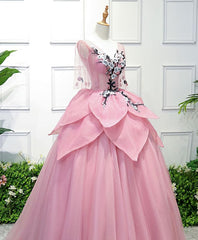 Cocktail Dress, Pink V Neck Tulle Lace Applique Long Prom Dress, Pink Evening Dress, 1