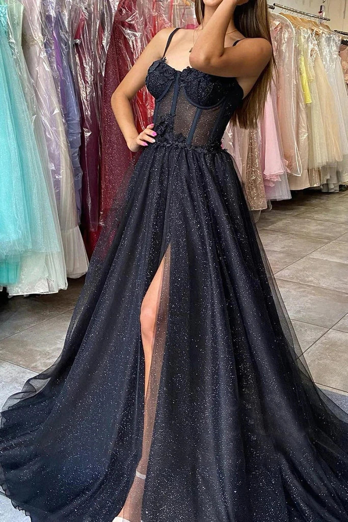 Prom Dresses Prom Dresses, Black A Line Spaghetti Straps Prom Dresses with Slit, Sparkly Evening Gown