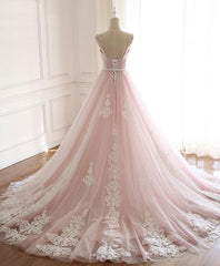 Bridesmaids Dresses Formal, Pink Sweetheart Lace Tulle Long Prom Dress, Lace Pink Evening Dress