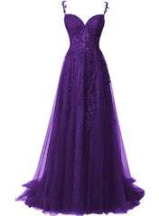 Prom Dresses Long Open Back, Purple A-Line Tulle Off Shoulder Long Prom Dress With Lace, Purple Evening Dress Party Dress