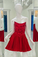 Bridesmaides Dresses Long, Red Strapless Mirror-Cut Sequins Top A-line Homecoming Dress