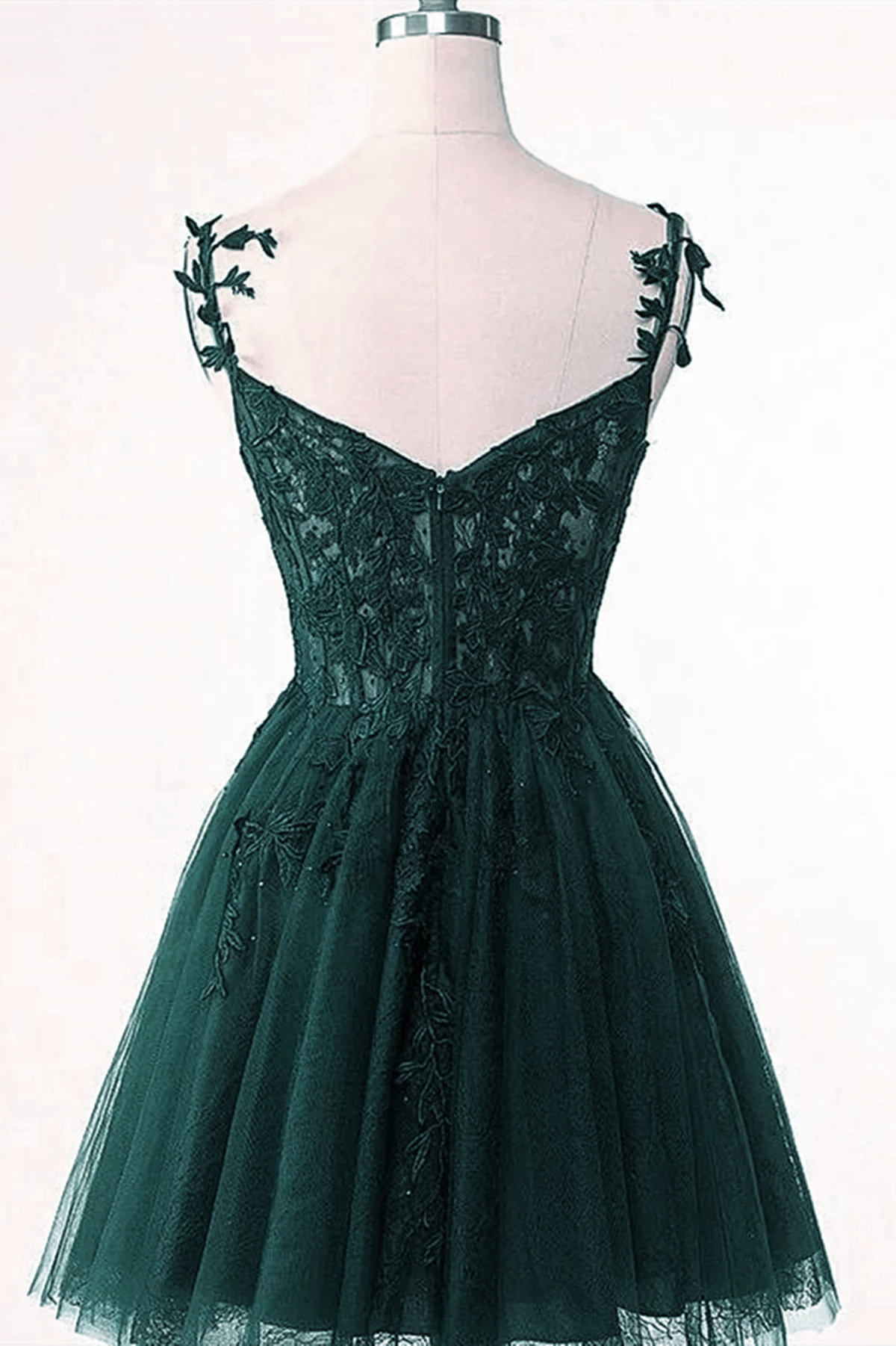 Prom Dresses Glitter, V-Neckline Dark Green Tulle With Lace Short Homecoming Dress, Green Short Prom Dress