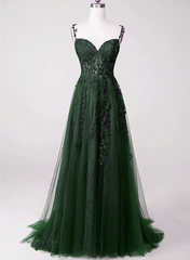 Prom Dresses Suits Ideas, Dark Green Tulle With Lace Beaded Straps Prom Dress, Green Long Formal Dress Party Dress