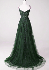 Prom Dress Floral, Dark Green Tulle With Lace Beaded Straps Prom Dress, Green Long Formal Dress Party Dress