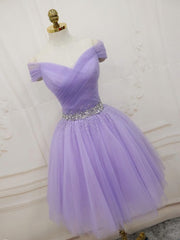 Prom Dresses With Sleeves, Purple Off Shoulder Tulle Sequin Prom Dress, Purple Homecoming Dress