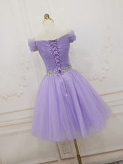 Prom Dresses Lace, Purple Off Shoulder Tulle Sequin Prom Dress, Purple Homecoming Dress