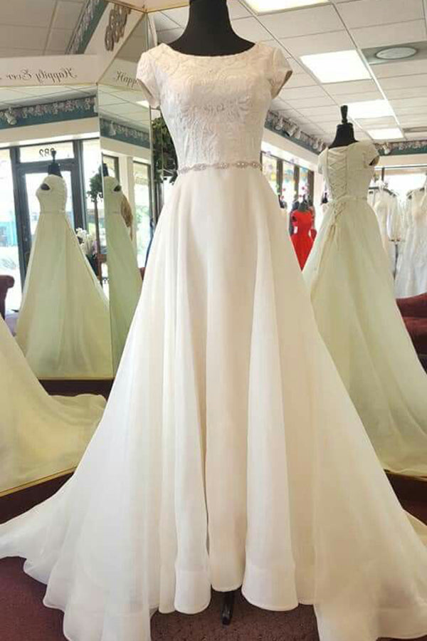 Wedding Dress Costs, Delicate Round Neck Short Sleeves Sweep Train Lace Appliques Wedding Dresses