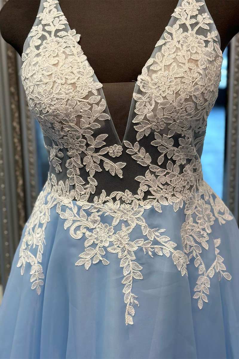 Evening Dress Long Sleeve, Light Blue Floral Lace V-Back A-Line Long Prom Dress