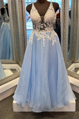 Evening Dresses Long Sleeve, Light Blue Floral Lace V-Back A-Line Long Prom Dress