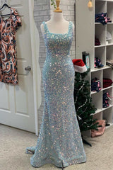 Evening Dress With Sleeve, Light Blue Iridescent Sequin Square Neck Mermaid Long Formal Dress