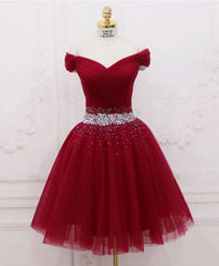 Prom Dresses Chiffon, Burgundy Tulle Sequin Short Prom Dress, Burgundy Homecoming Dress, 1