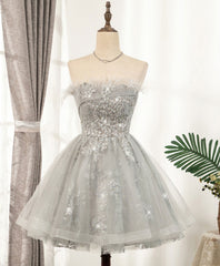 Bridesmaid Dressing Gown, Gray Sweetheart Lace Tulle Short Prom Dress, Gray Cocktail Dress